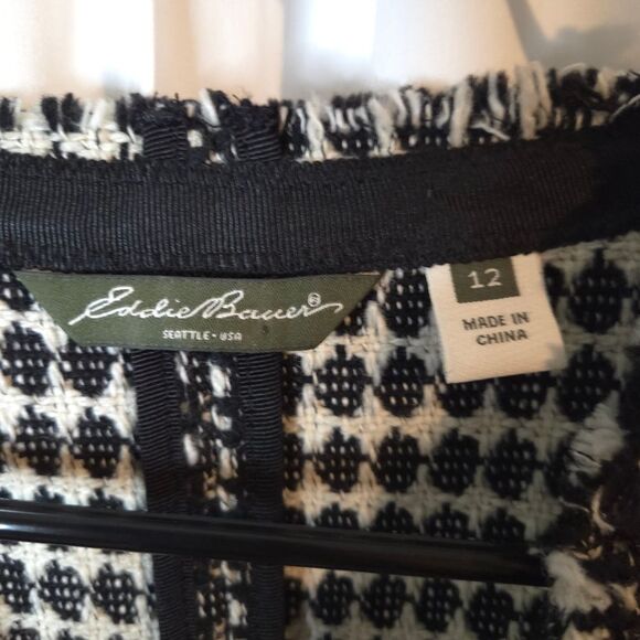 Eddie Bauer Blazer Women's M Wool Blend Black White Textured Open Front Jacket - Picture 7 of 9